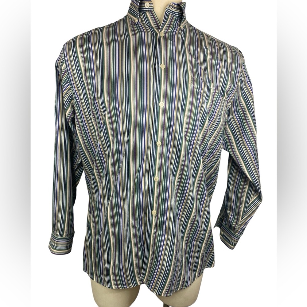 Alan Flusser Green and Purple Striped Shirt Men’s Medium